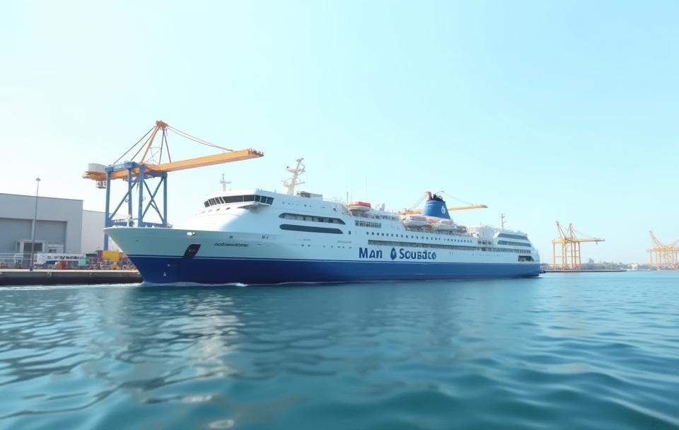 Ferry docked at a modern port terminal in Rostock