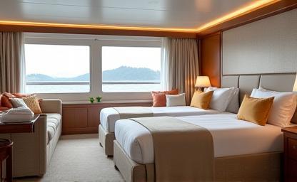 Interior of a spacious ferry cabin suite with beds and seating