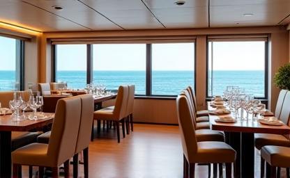 Modern ferry restaurant interior with sea view
