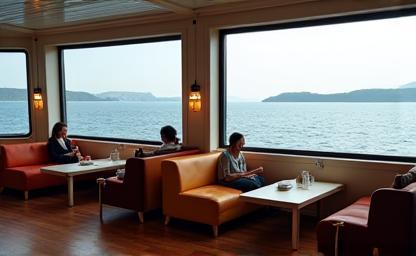 Ferry lounge area with comfortable seating and large windows
