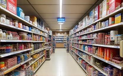 Onboard duty-free shop interior with shelves of products