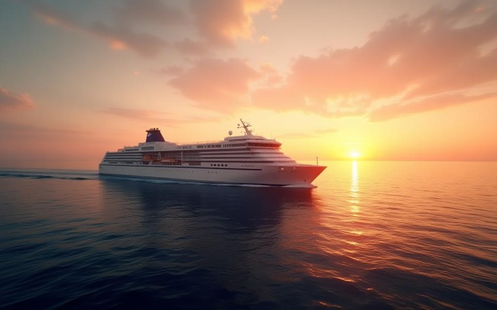 Large ferry sailing on the Baltic Sea at sunset