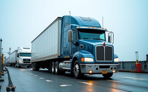 Large truck secured on a ferry freight deck ready for transport