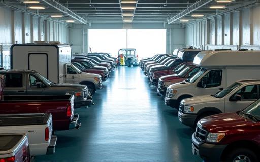 Cars and trucks parked on a spacious ferry car deck during loading